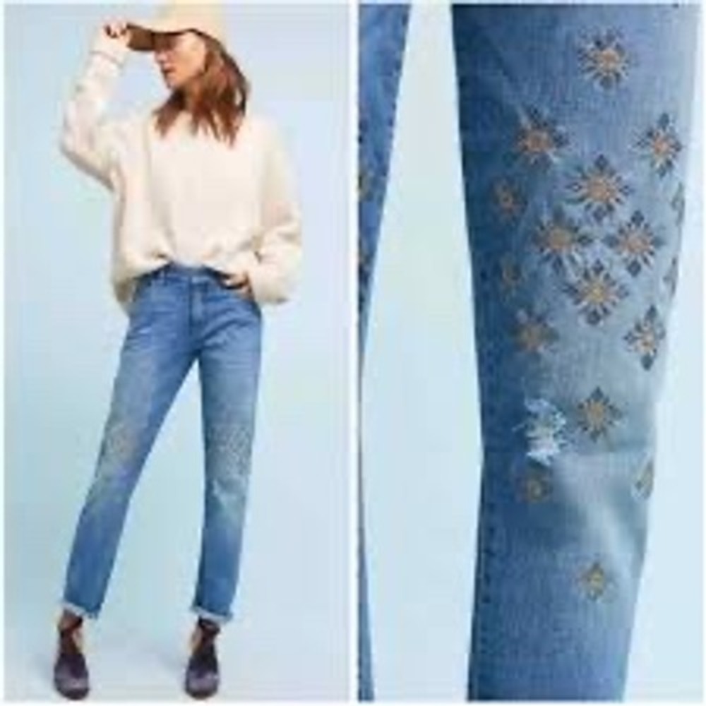 Pilcro Geometric Embroidered Slim Boyfriend Cotton Ankle Jeans Womens Size 26